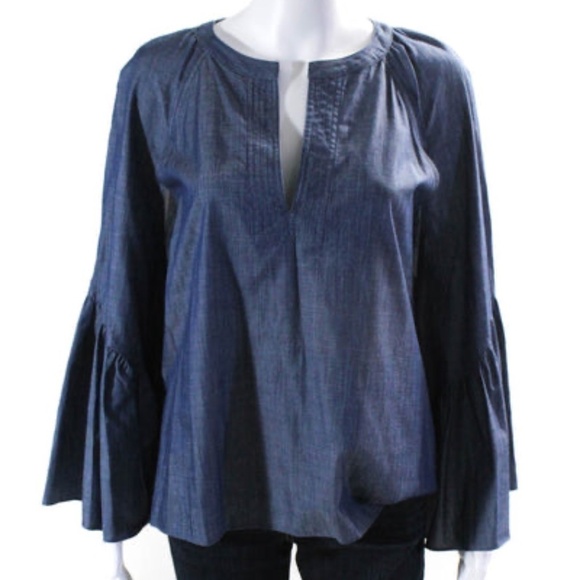 BCBGMaxazria Suzie Bell Sleeve Deep Chambray Top | Denim 80s 90s Inspired Blouse - Picture 4 of 6